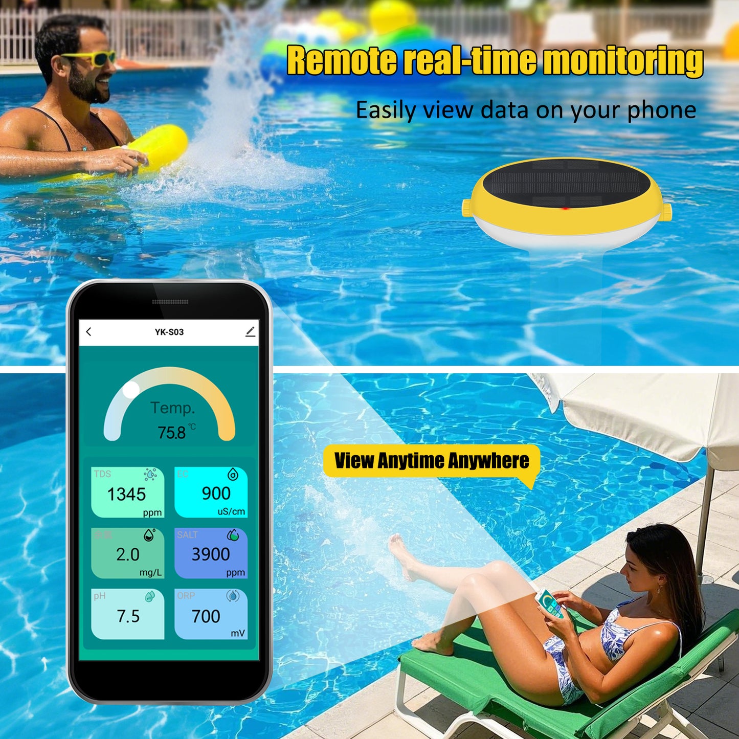 Solar-Powered Tuya Zigbee Pool Water Quality Tester – 7-in-1 Smart Floating Monitor (pH / Chlorine / ORP / Salinity / EC / TDS / Temperature)